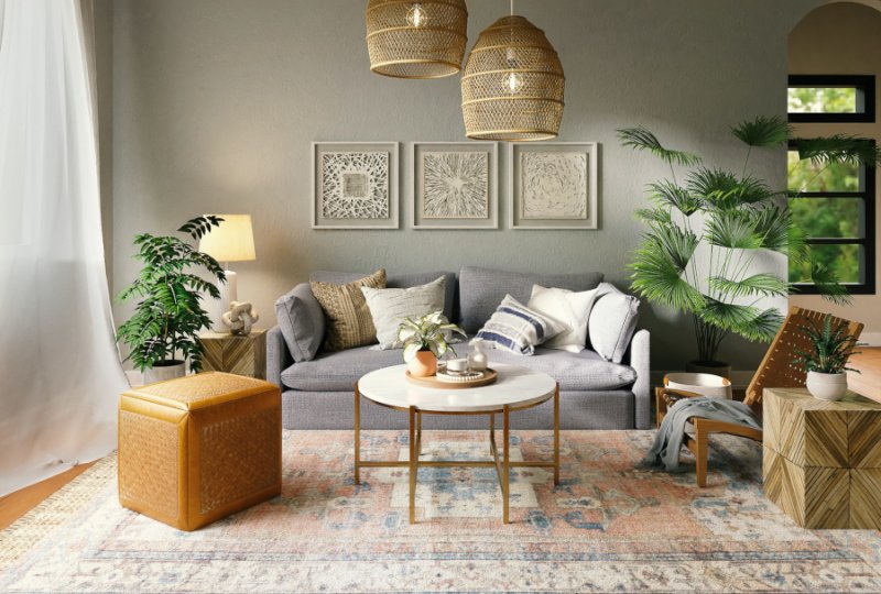 Salon z kanapą i pięknym dywanem
